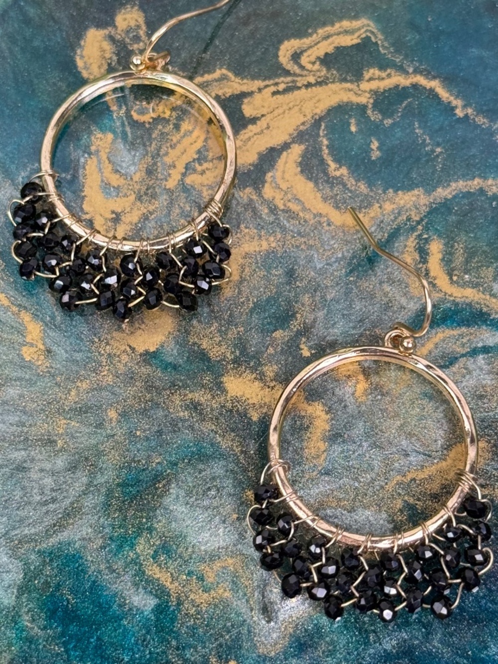 NWOT Black Beaded Hoop Earrings | Gold Dangle Minimal Boho Fashion Earrings